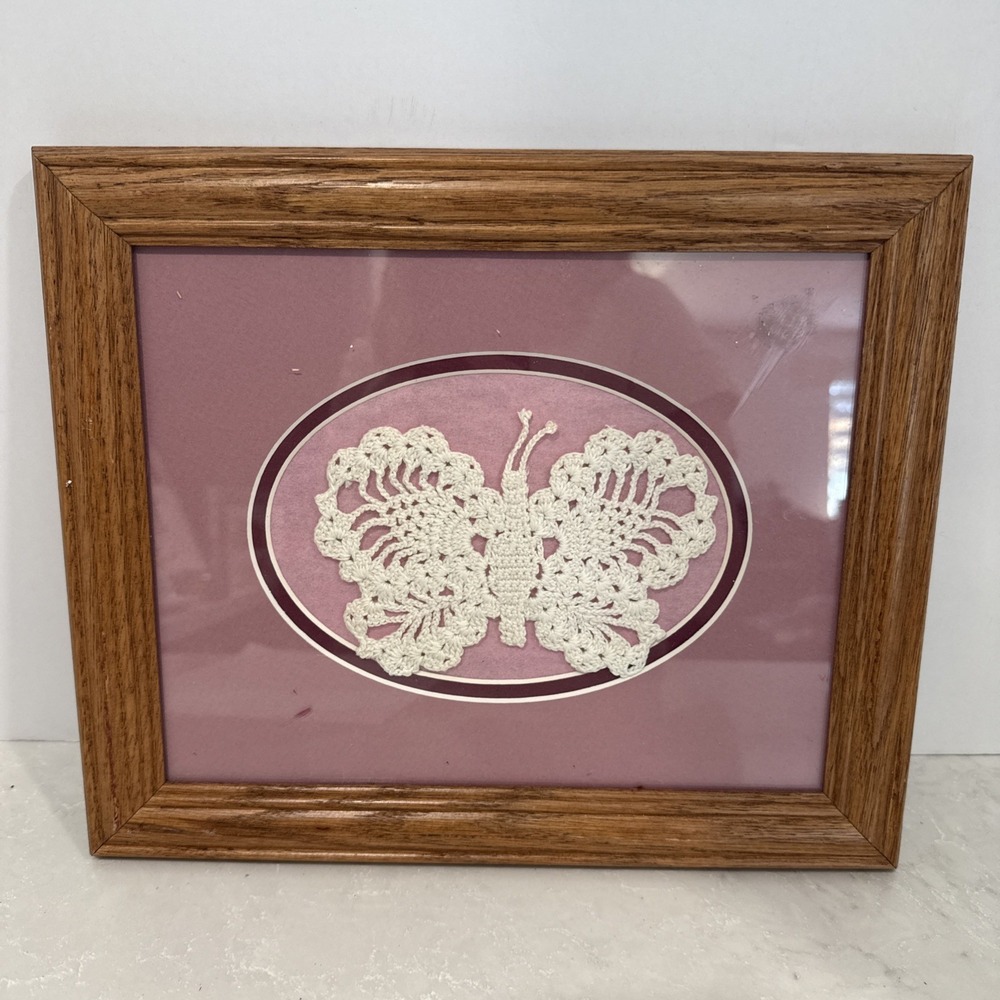 Vtg 80s Framed Crochet Butterfly Pink Art BOHO Cottage Core Retro